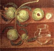 unknow artist Still Life with Peach Bough and Glass jar oil painting on canvas